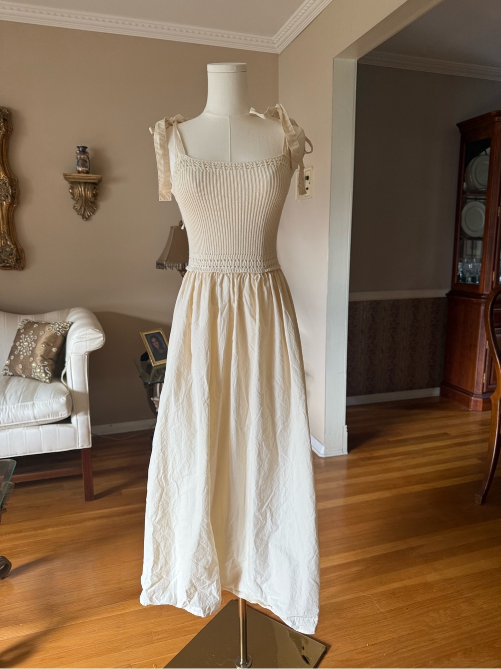 Vintage Cream Tie-Shoulder Smocked Maxi Dress